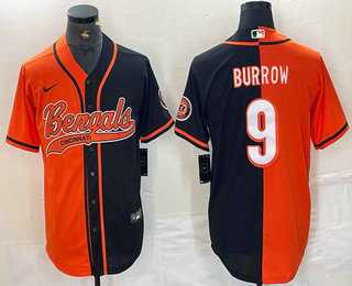 Mens Cincinnati Bengals #9 Joe Burrow Orange Black Two Tone Cool Base Stitched Baseball Jersey